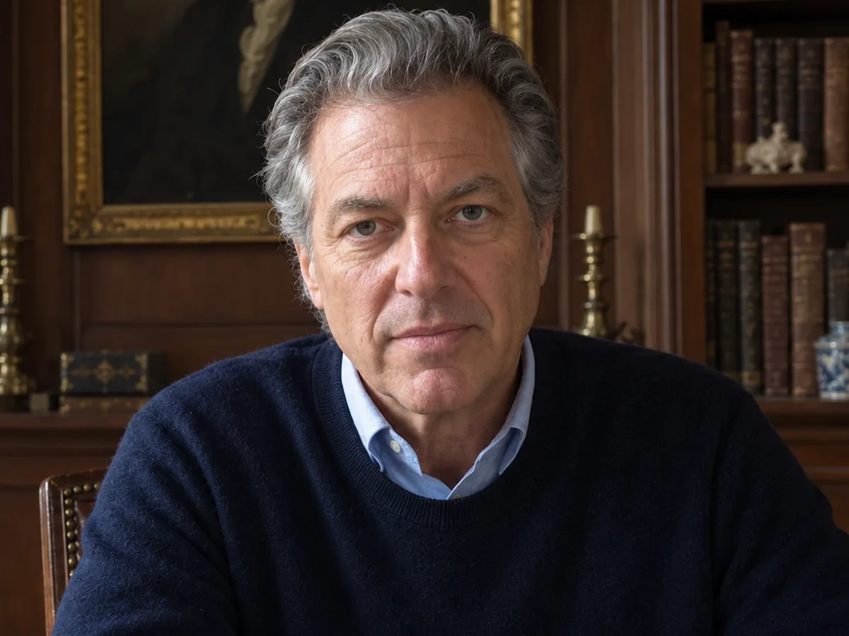 Charles Ashworth seated in a wood-paneled library, navy sweater over a light blue shirt