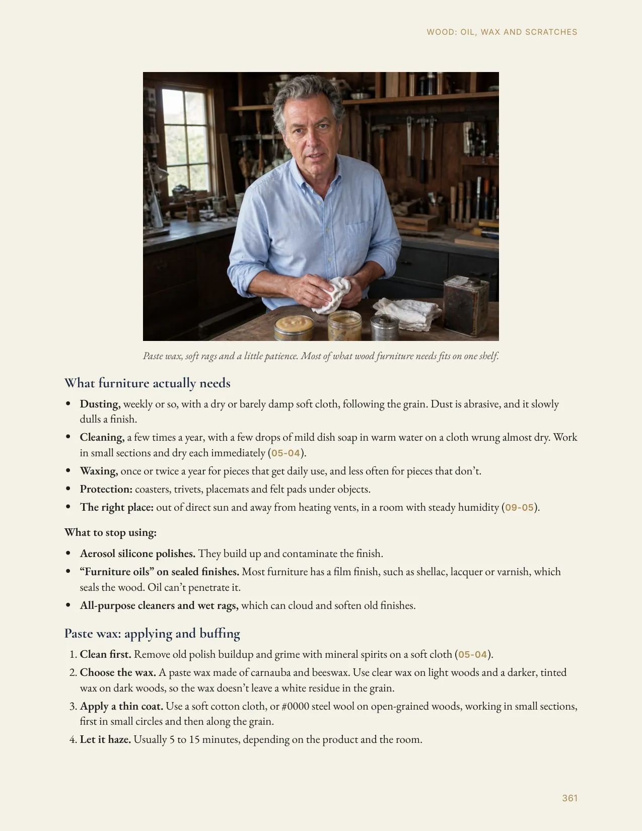 Home Manual p. 361: Wood: oil, wax and scratches